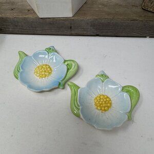 Vintage Ceramic Floral Tea Bag Holders Set Of 2 Hand Painted Green & Blue Flower